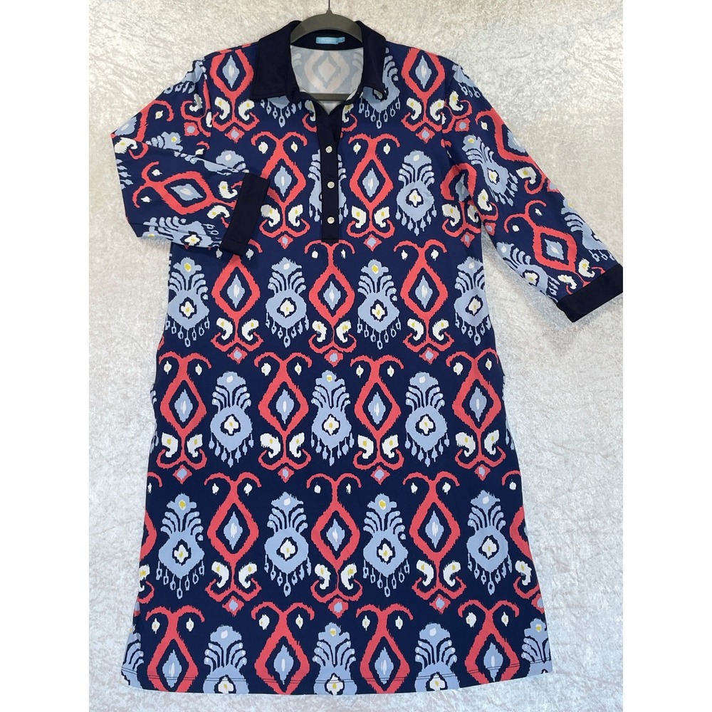 J.McLaughlin Shift Dress Womens M Navy Blue Coral Ikat Catalina Cloth Excellent